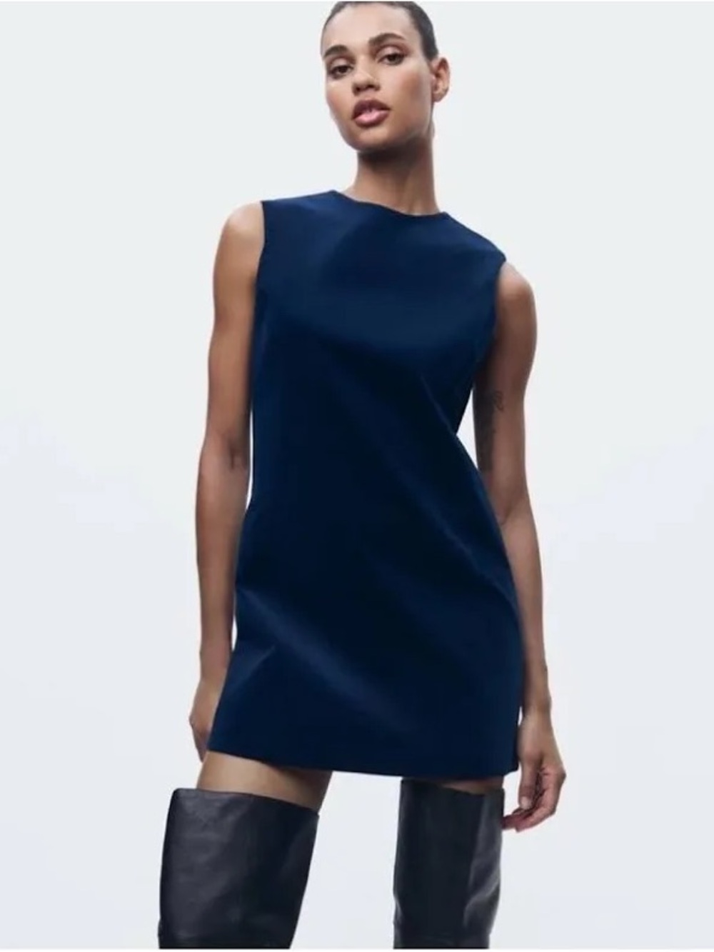 Zara Velvet Navy Sleeveless Mini Shift Dress Size Small